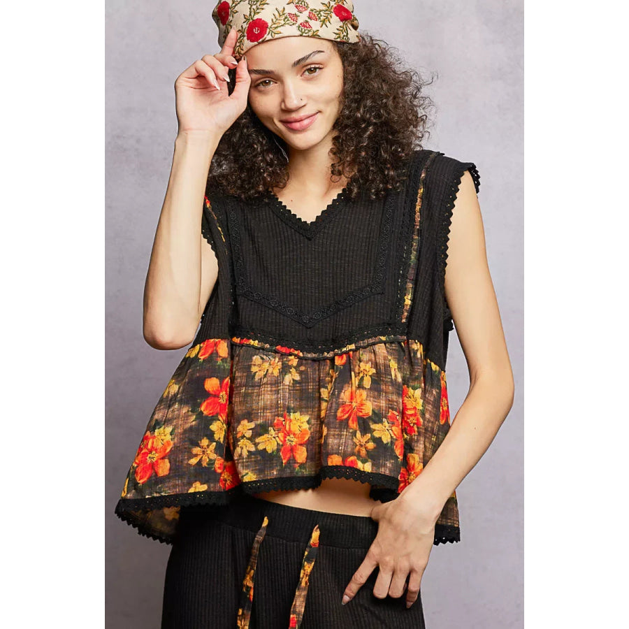 POL Lace Detail Floral Cropped Ruffled Top Black / S Apparel and Accessories