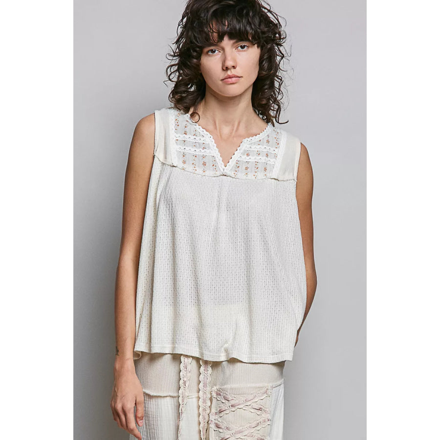 POL Lace Detail Floral Double Gauze Patch Sleeveless Top Apparel and Accessories