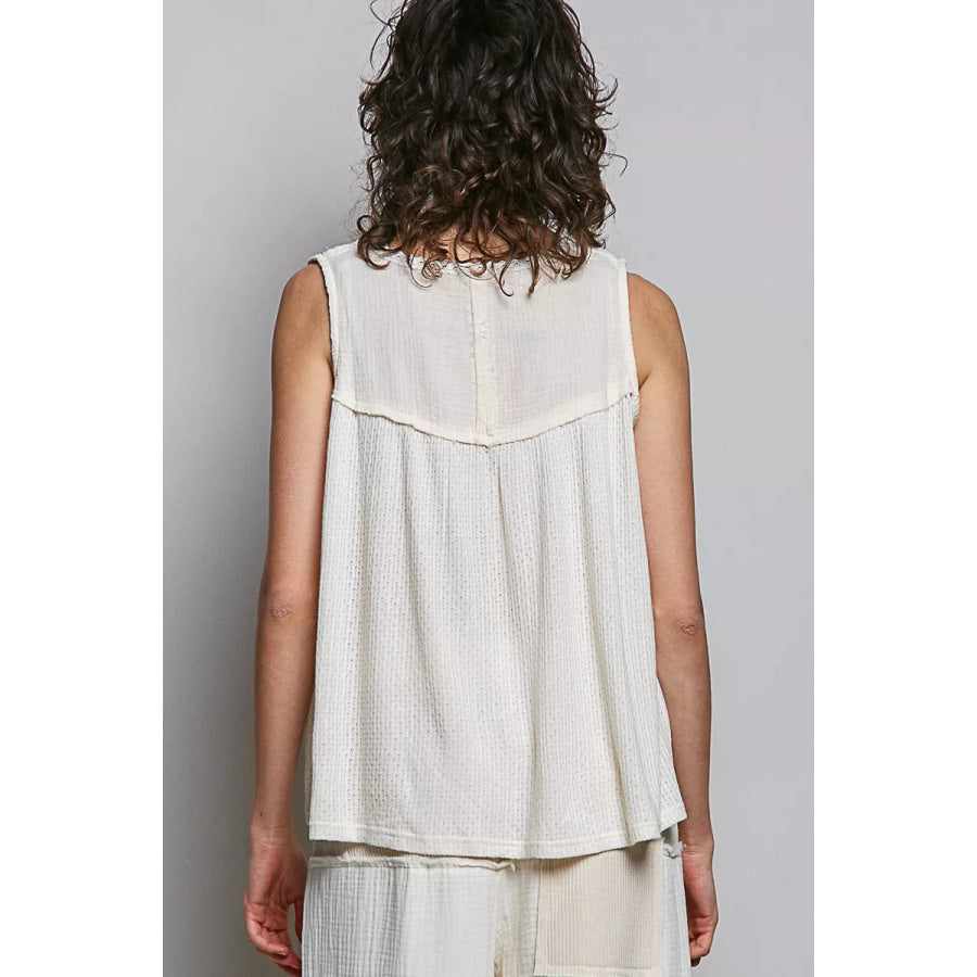 POL Lace Detail Floral Double Gauze Patch Sleeveless Top Apparel and Accessories