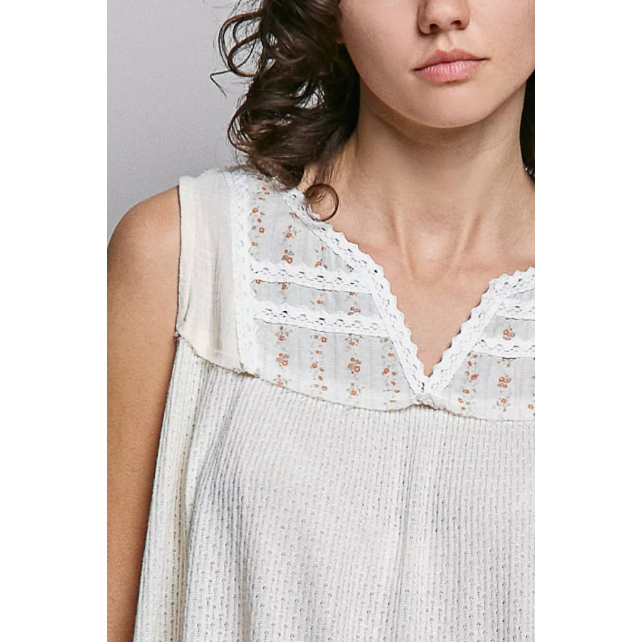 POL Lace Detail Floral Double Gauze Patch Sleeveless Top Apparel and Accessories