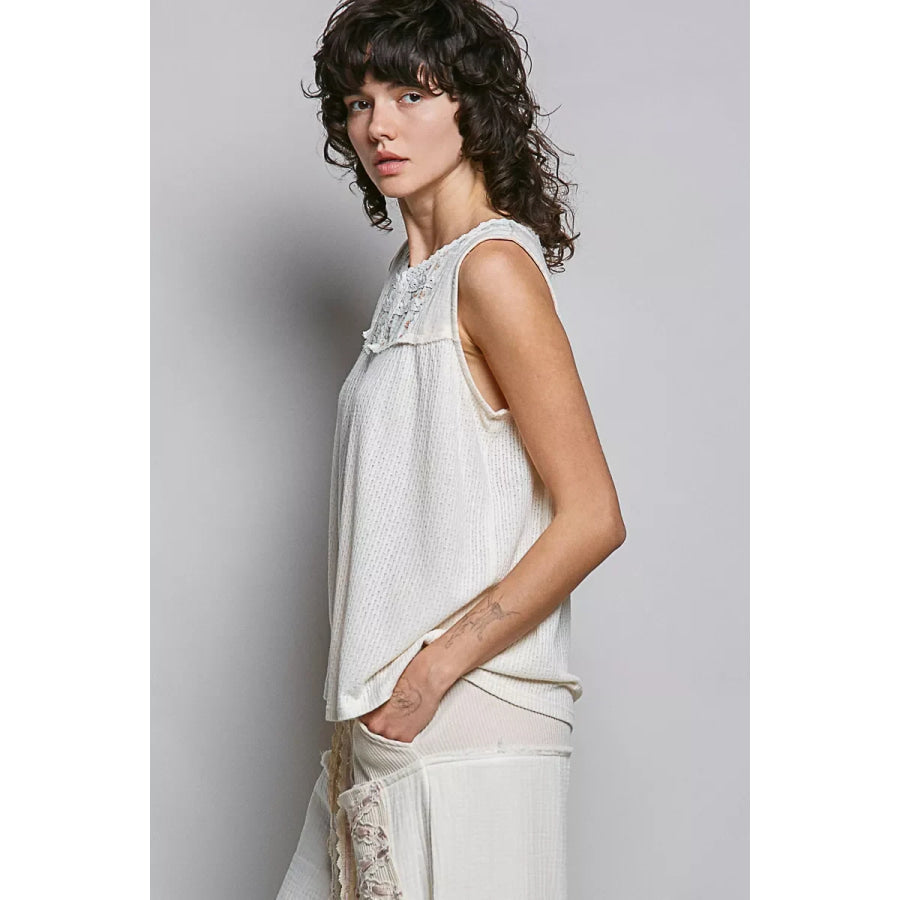 POL Lace Detail Floral Double Gauze Patch Sleeveless Top Apparel and Accessories