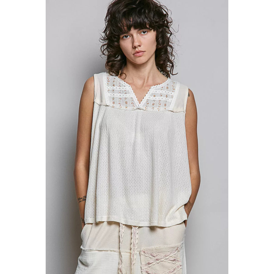 POL Lace Detail Floral Double Gauze Patch Sleeveless Top NATURAL / S Apparel and Accessories