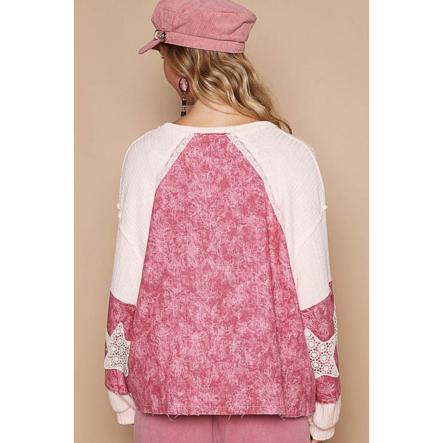 POL Lace Detail Floral Pattern V Neck Top Blush/Berry / S Apparel and Accessories