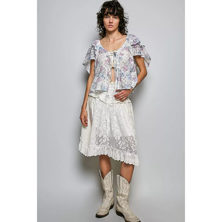 POL Lace Detail Floral Tie Front Ruffle Short Sleeve Blouse Apparel and Accessories