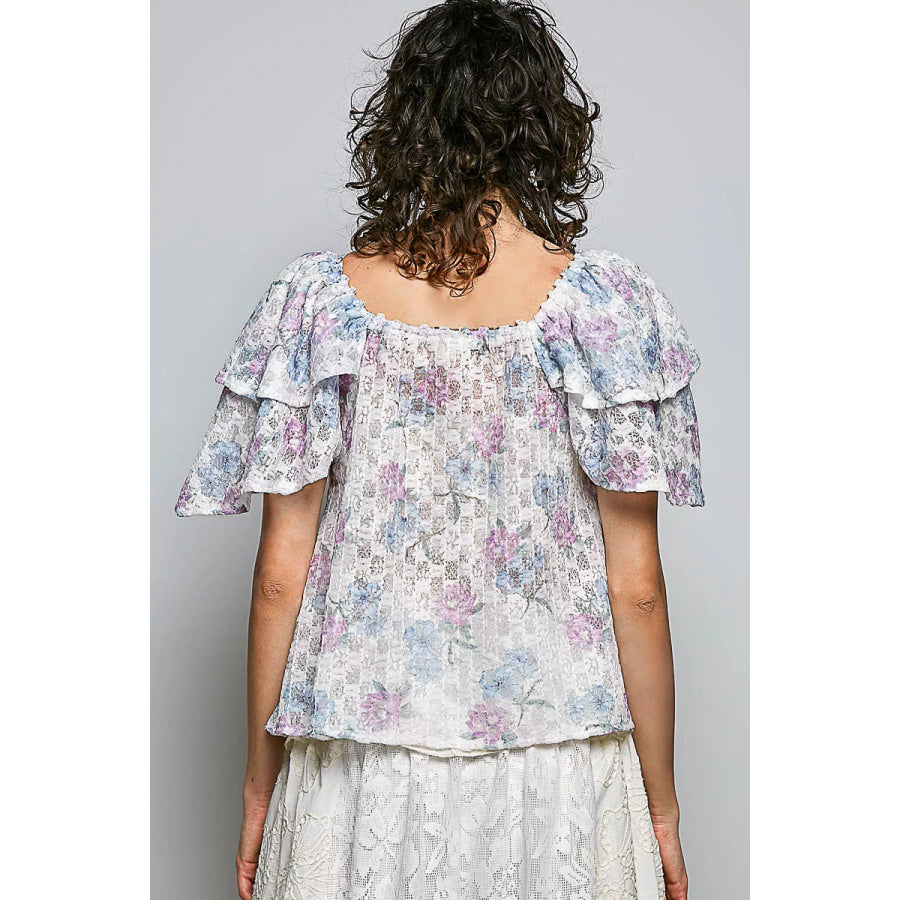 POL Lace Detail Floral Tie Front Ruffle Short Sleeve Blouse Apparel and Accessories