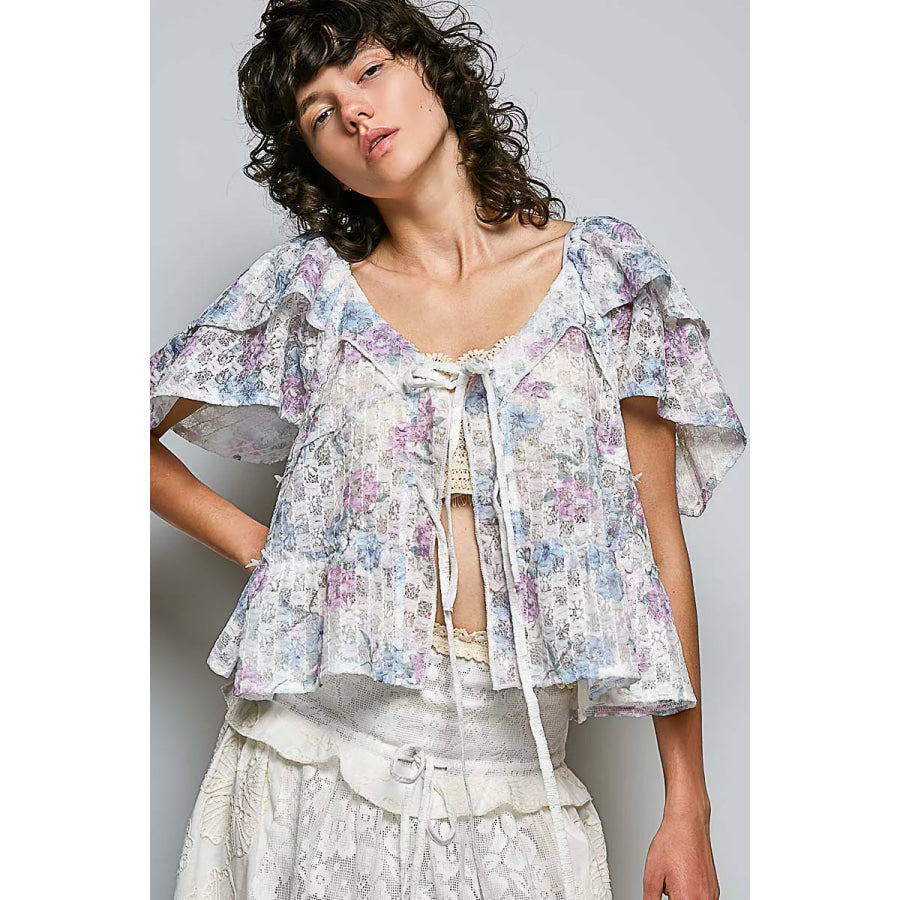 POL Lace Detail Floral Tie Front Ruffle Short Sleeve Blouse Apparel and Accessories