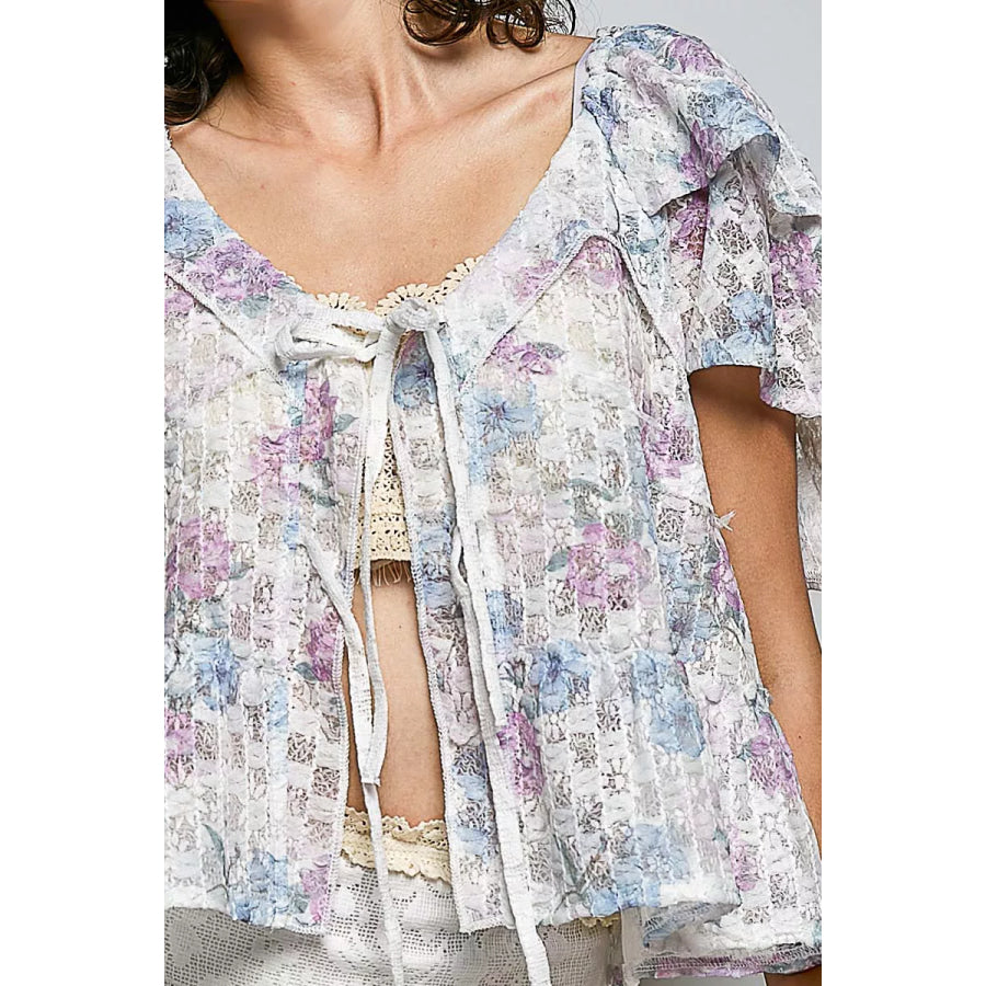 POL Lace Detail Floral Tie Front Ruffle Short Sleeve Blouse Apparel and Accessories