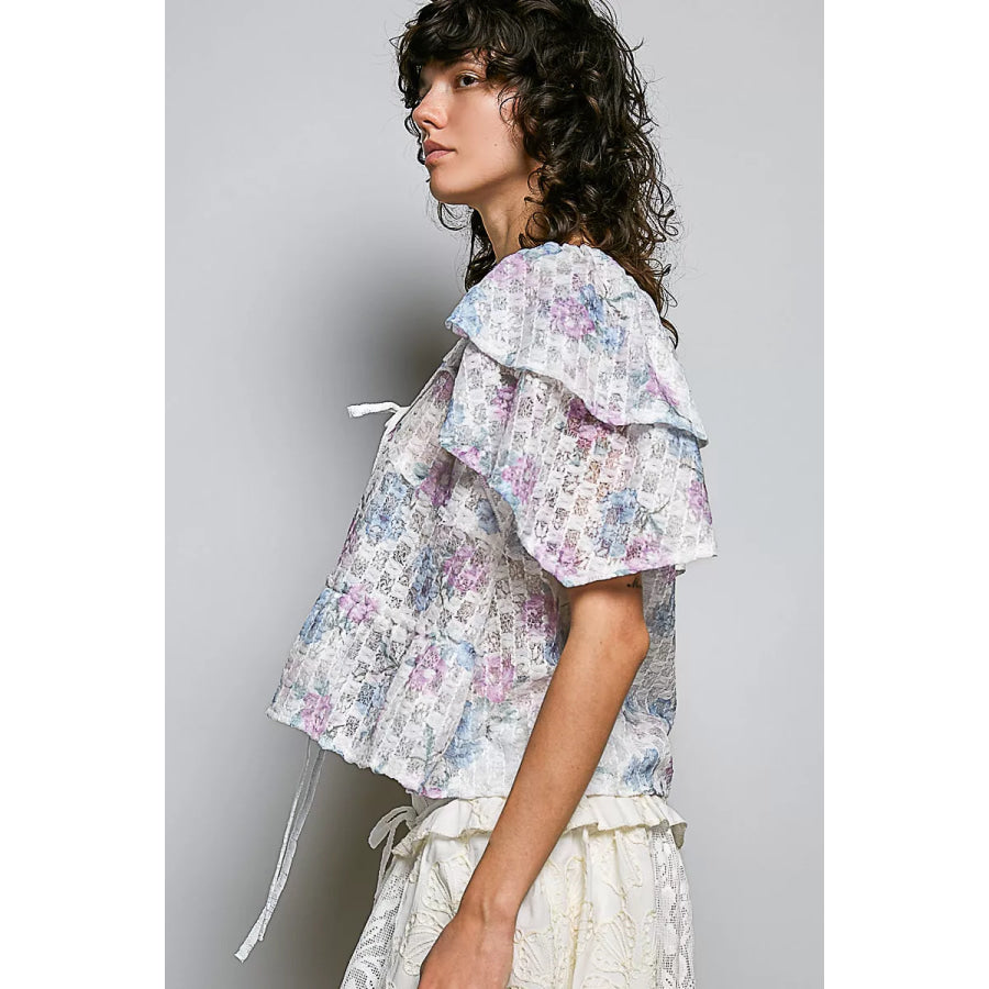 POL Lace Detail Floral Tie Front Ruffle Short Sleeve Blouse Apparel and Accessories