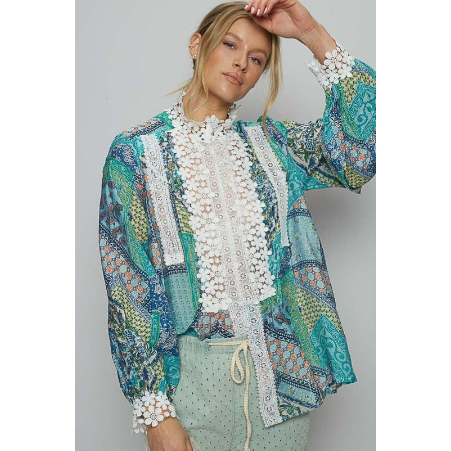 POL Lace Detail Printed Button Down Shirt Apparel and Accessories