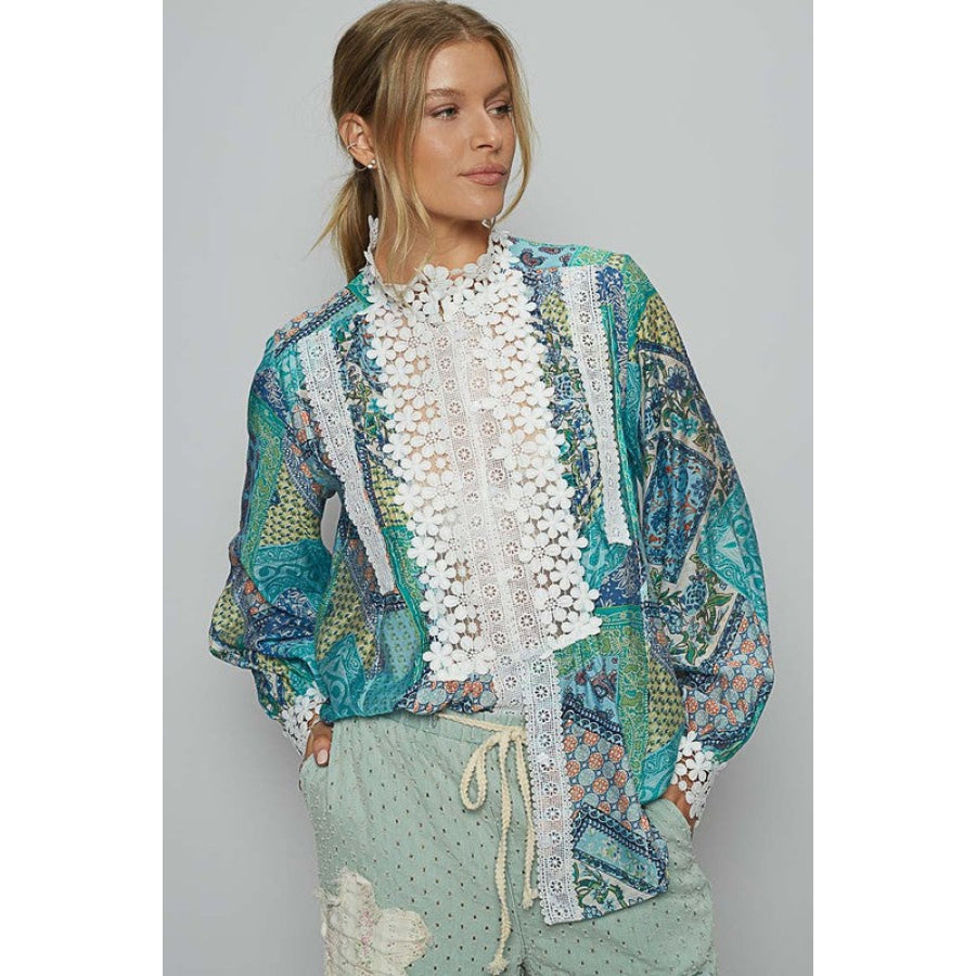 POL Lace Detail Printed Button Down Shirt Teal / S Apparel and Accessories