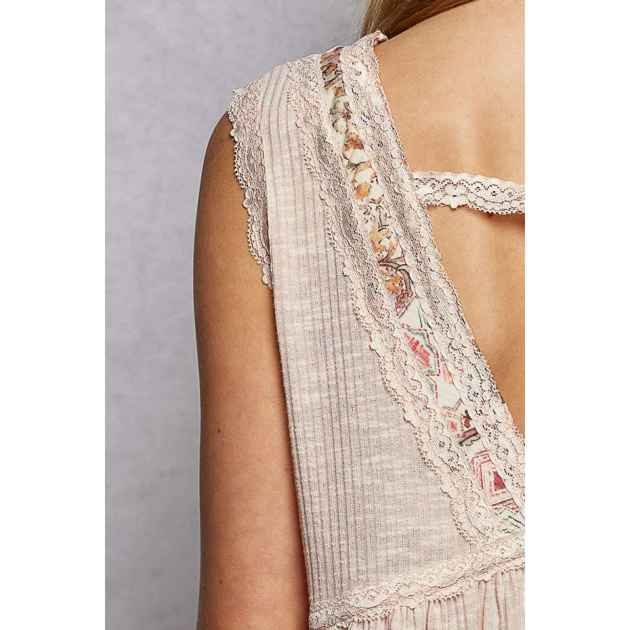 POL Lace Detail Ruffled Ribbed Sleeveless Top with Floral Pattern Trim Detail Apparel and Accessories
