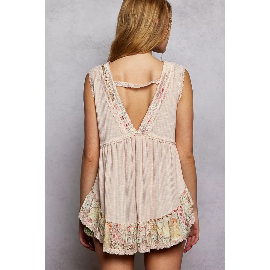 POL Lace Detail Ruffled Ribbed Sleeveless Top with Floral Pattern Trim Detail Apparel and Accessories