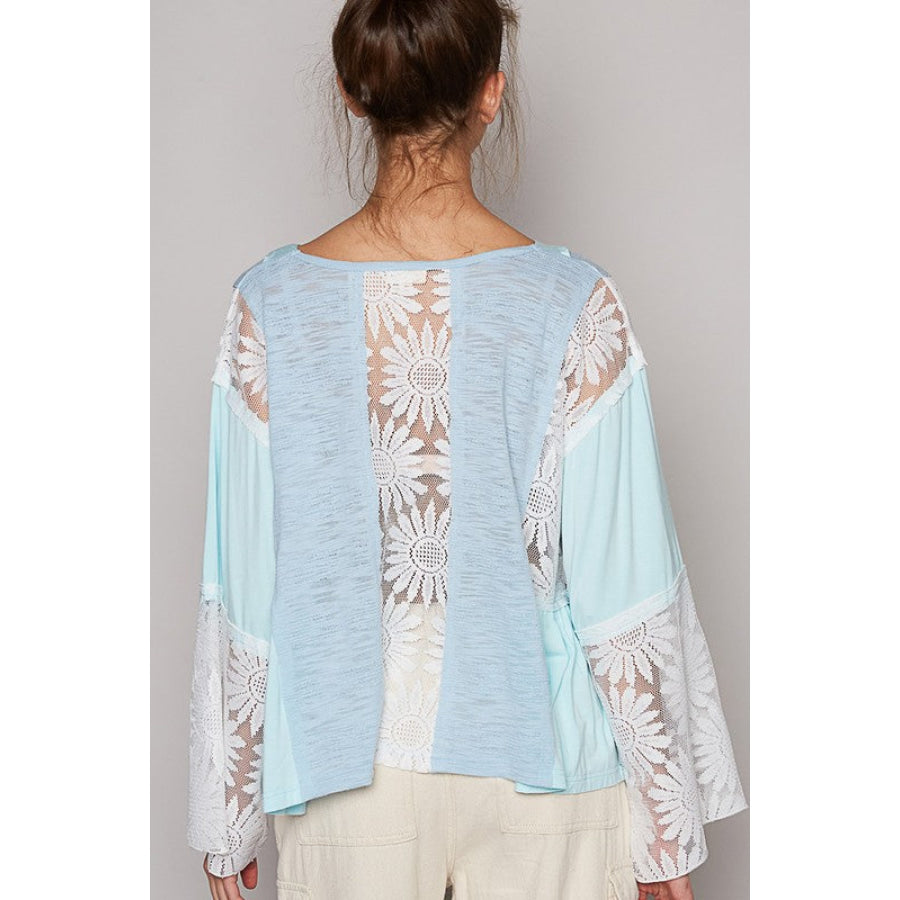 POL Lace Detail V-Neck Flare Sleeve Blouse Apparel and Accessories