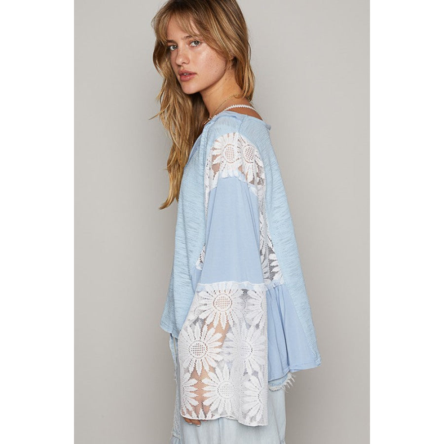 POL Lace Detail V-Neck Flare Sleeve Blouse Powder Blue / S Apparel and Accessories