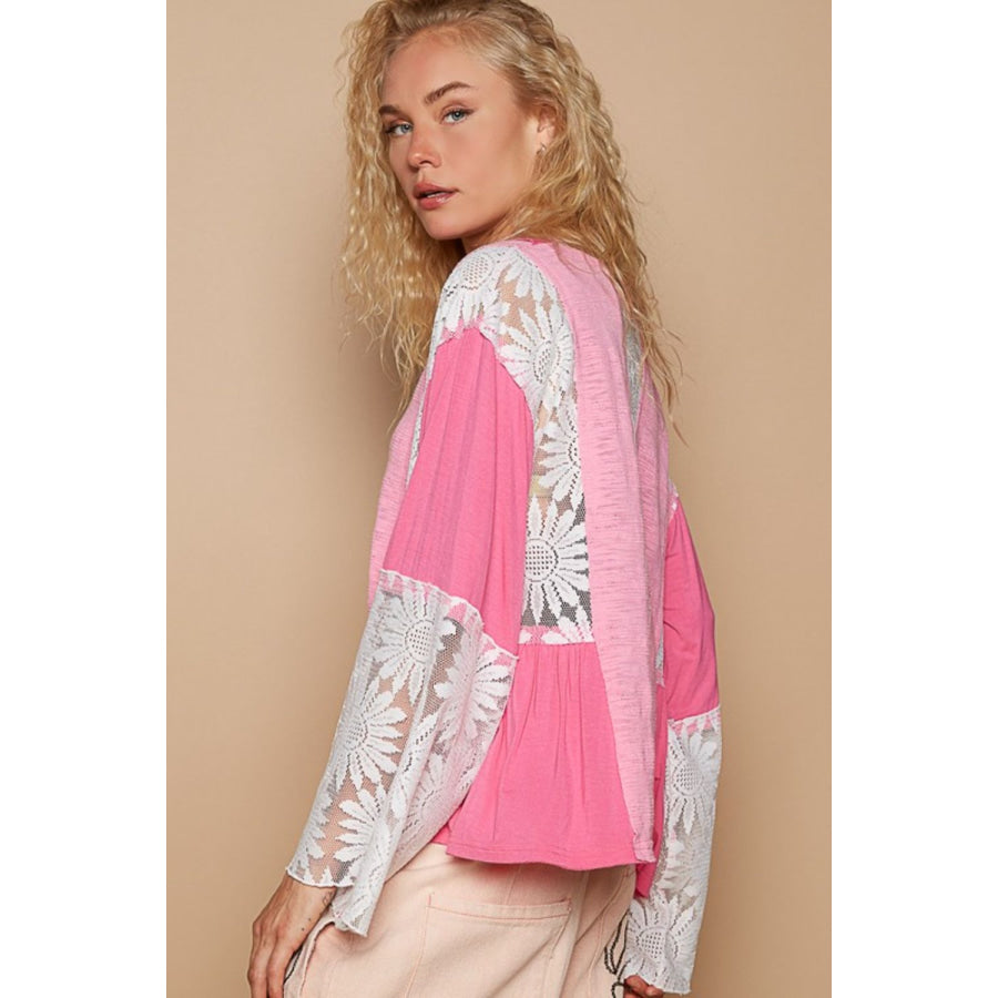 POL Lace Detail V-Neck Flare Sleeve Blouse Pink / S Apparel and Accessories