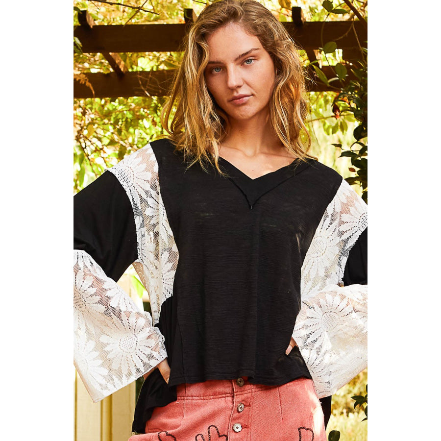 POL Lace Detail V-Neck Flare Sleeve Blouse Black / S Apparel and Accessories