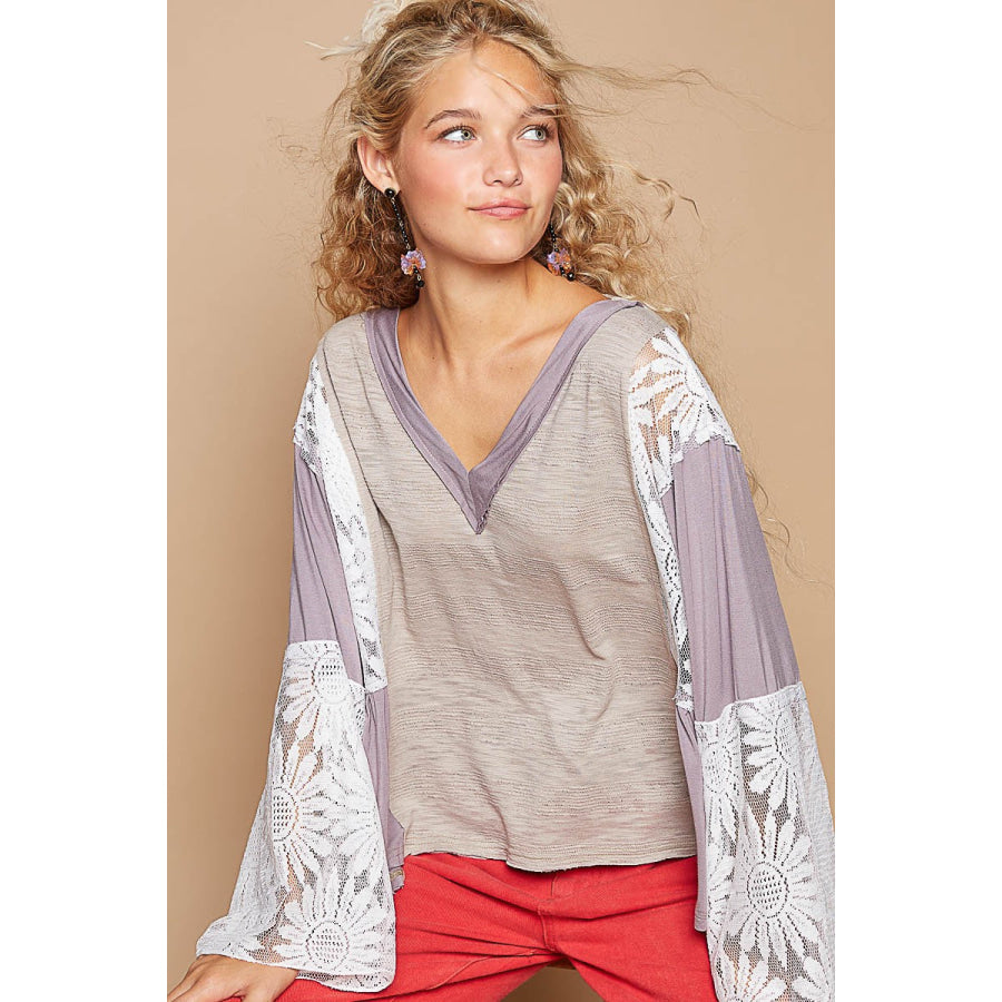 POL Lace Detail V-Neck Flare Sleeve Blouse Gray / S Apparel and Accessories