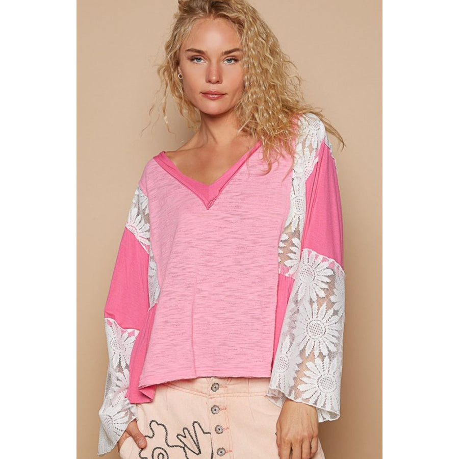 POL Lace Detail V-Neck Flare Sleeve Blouse Pink / S Apparel and Accessories