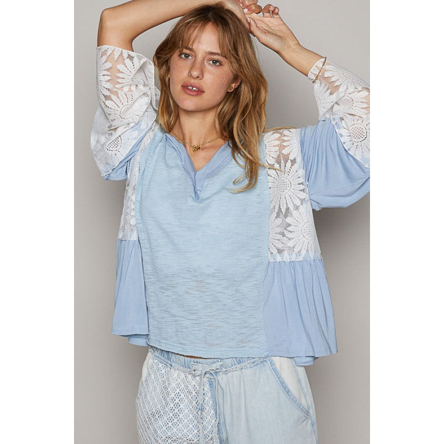 POL Lace Detail V-Neck Flare Sleeve Blouse Powder Blue / S Apparel and Accessories