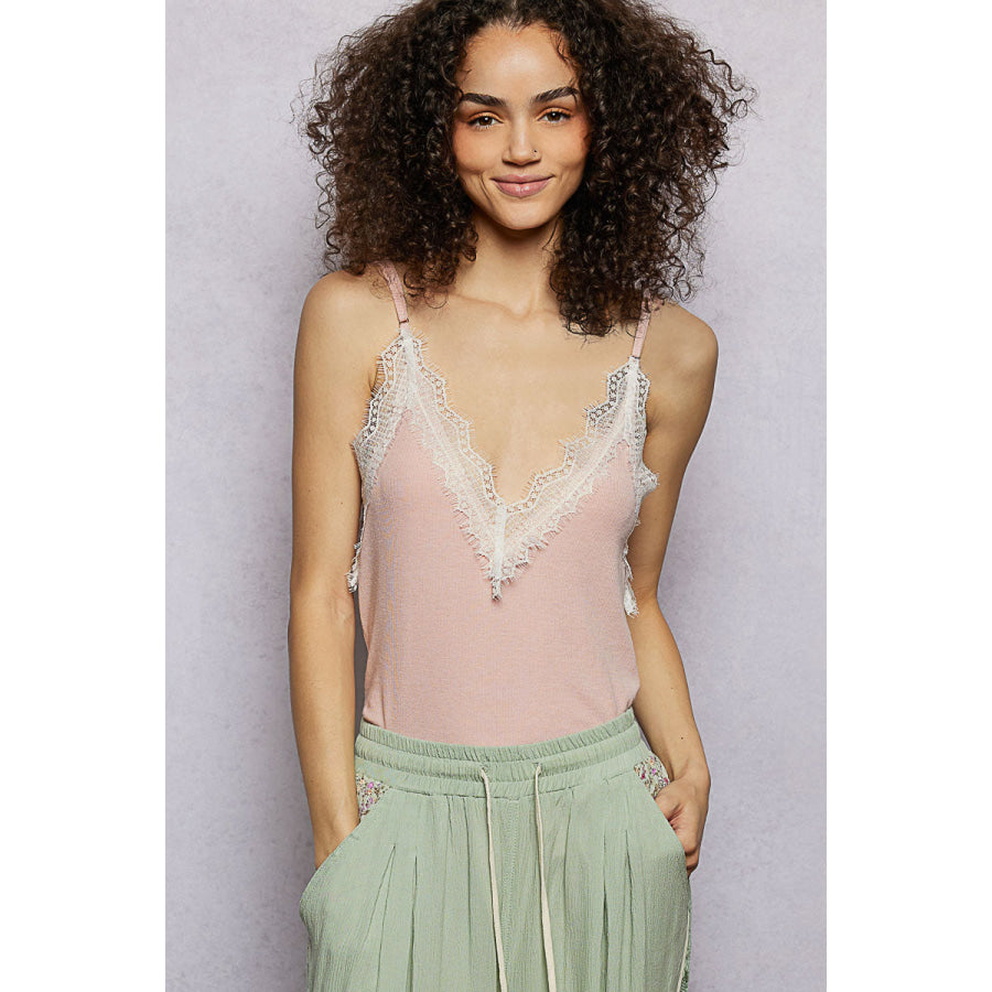 POL Lace Detail V-Neck Ribbed Cami ROSE PINK / S Apparel and Accessories