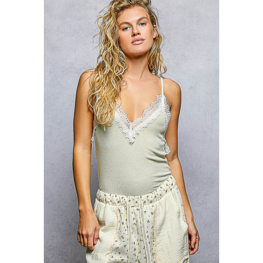 POL Lace Detail V-Neck Ribbed Cami LIME / S Apparel and Accessories