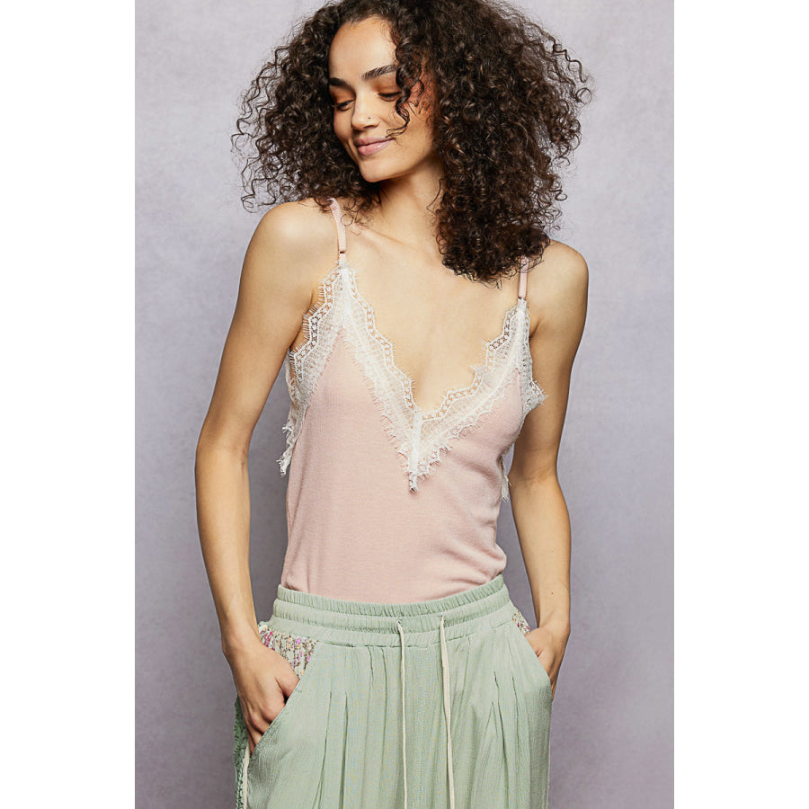 POL Lace Detail V-Neck Ribbed Cami ROSE PINK / S Apparel and Accessories