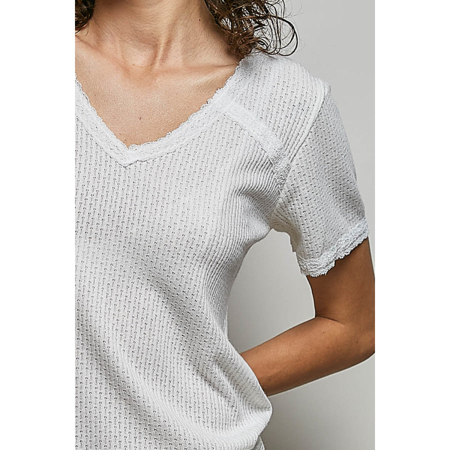 POL Lace Detail V-Neck Short Sleeve Textured T-Shirt Apparel and Accessories