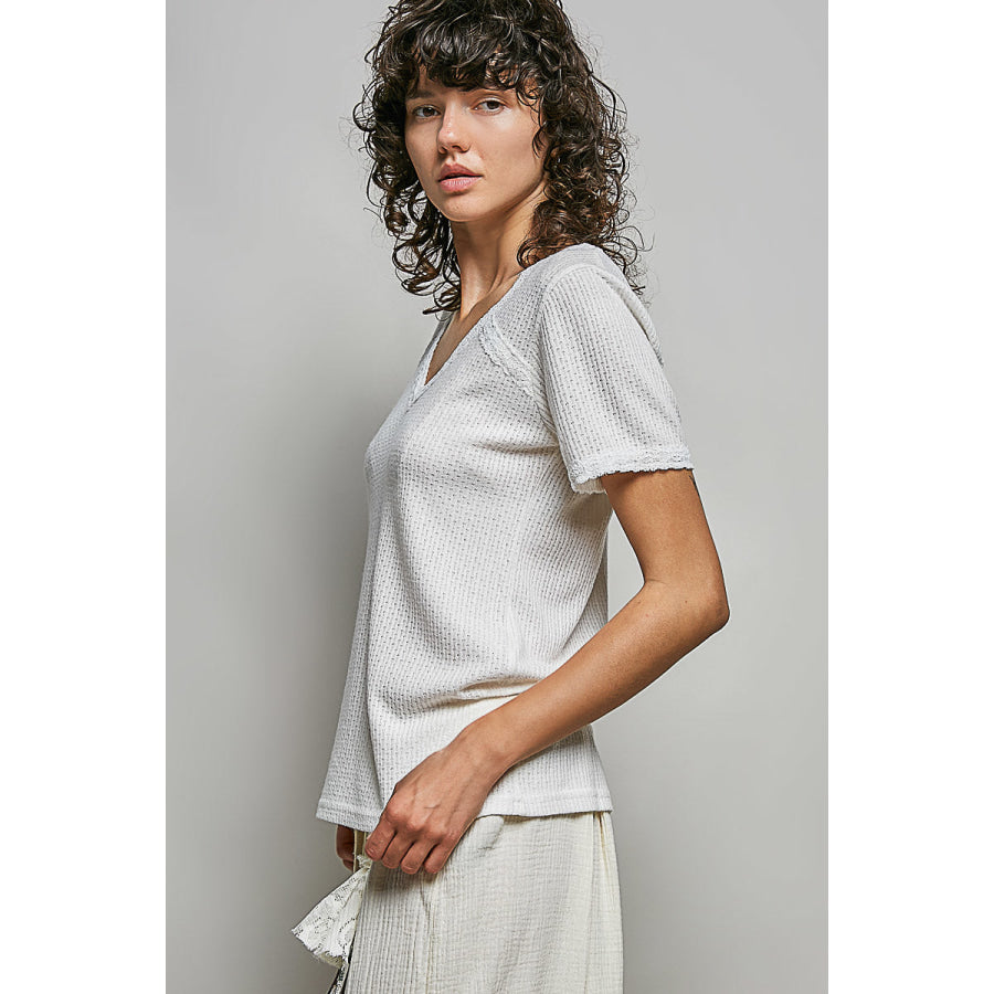 POL Lace Detail V-Neck Short Sleeve Textured T-Shirt Apparel and Accessories