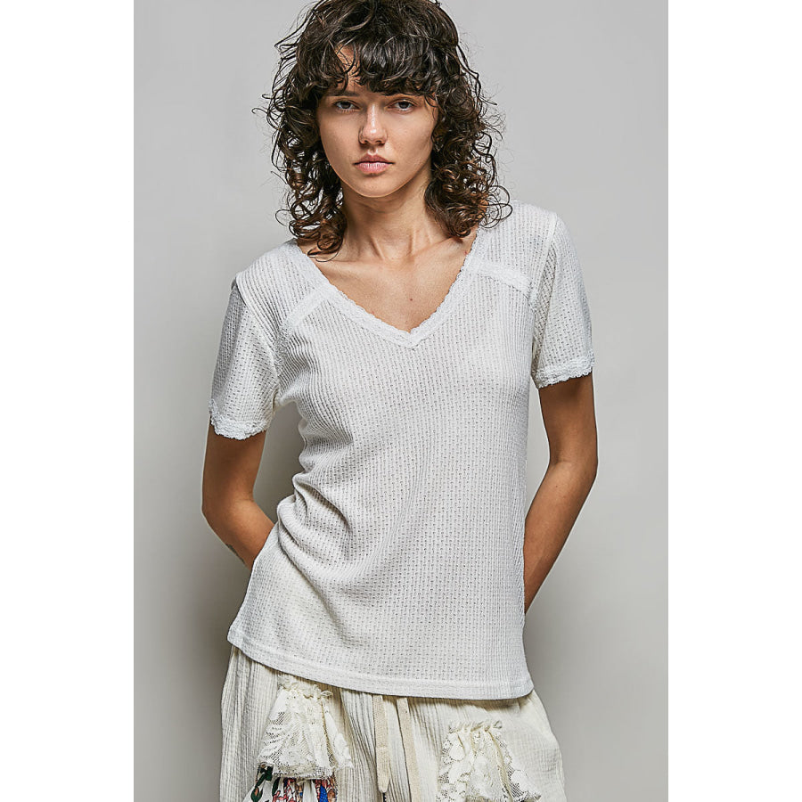 POL Lace Detail V-Neck Short Sleeve Textured T-Shirt Apparel and Accessories