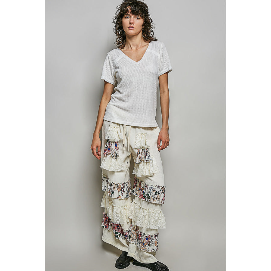 POL Lace Detail V-Neck Short Sleeve Textured T-Shirt Apparel and Accessories