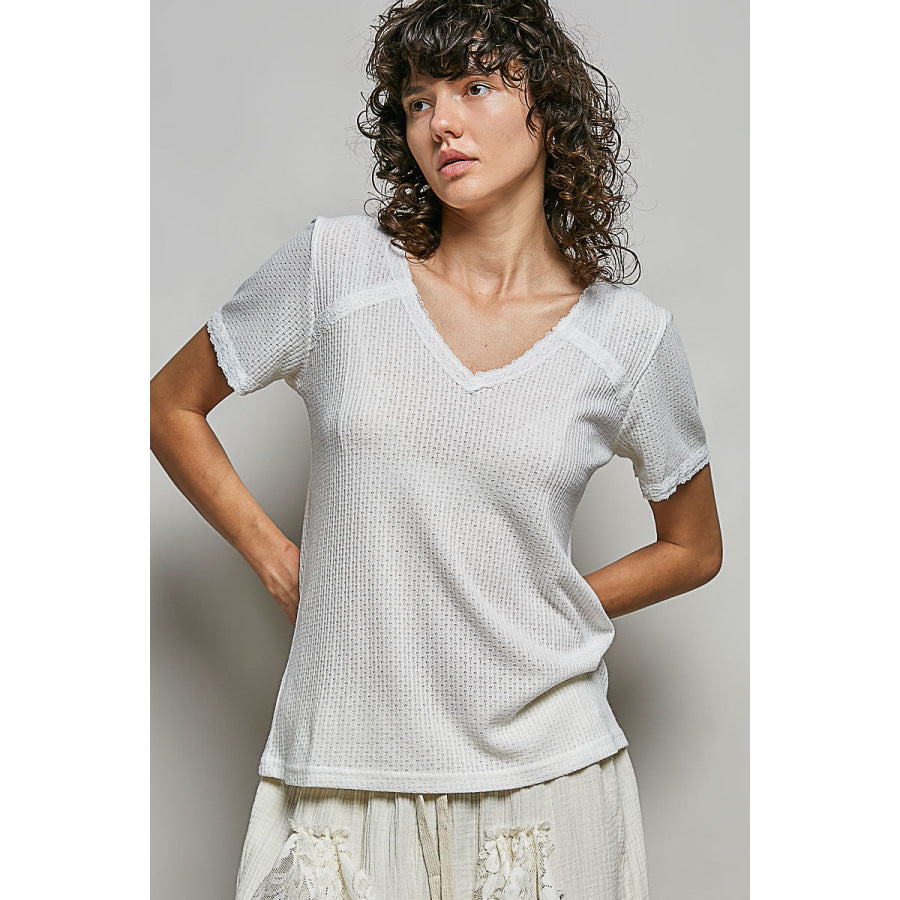 POL Lace Detail V-Neck Short Sleeve Textured T-Shirt OFF WHITE / S Apparel and Accessories