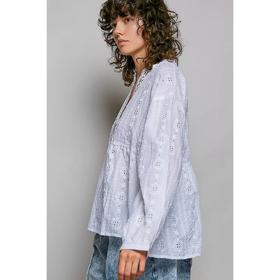 POL Lace Eyelet Long Sleeve Cotton Blouse Apparel and Accessories