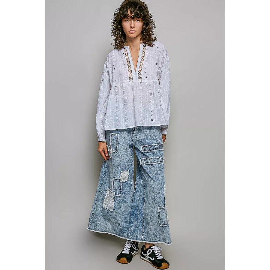 POL Lace Eyelet Long Sleeve Cotton Blouse Apparel and Accessories