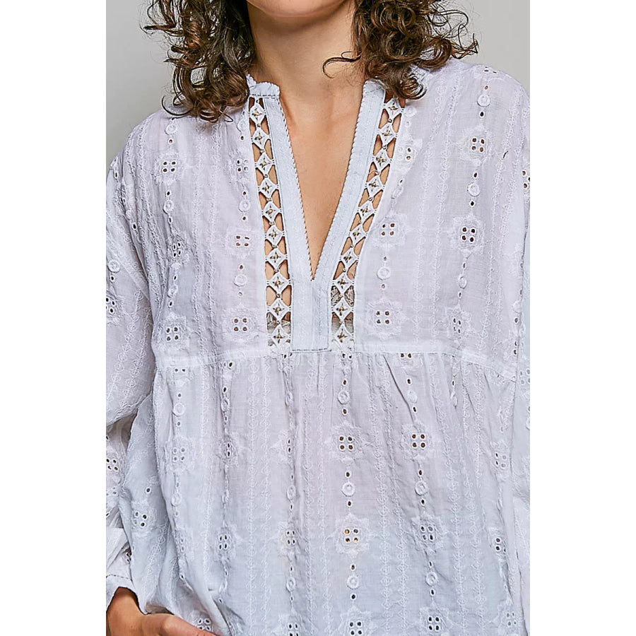 POL Lace Eyelet Long Sleeve Cotton Blouse Apparel and Accessories