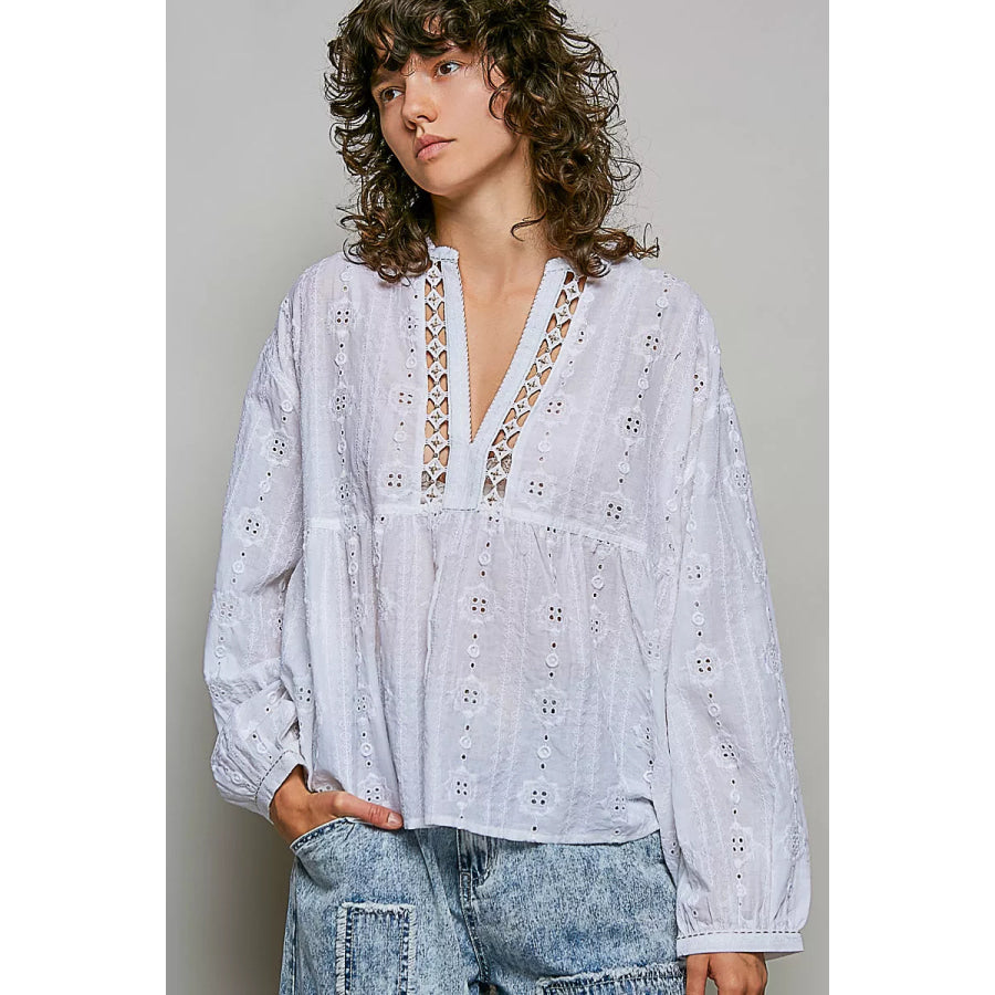 POL Lace Eyelet Long Sleeve Cotton Blouse Apparel and Accessories