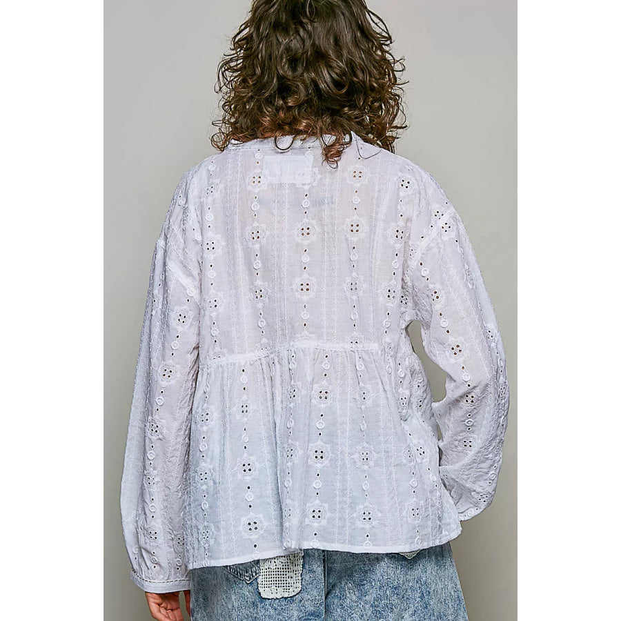 POL Lace Eyelet Long Sleeve Cotton Blouse Apparel and Accessories