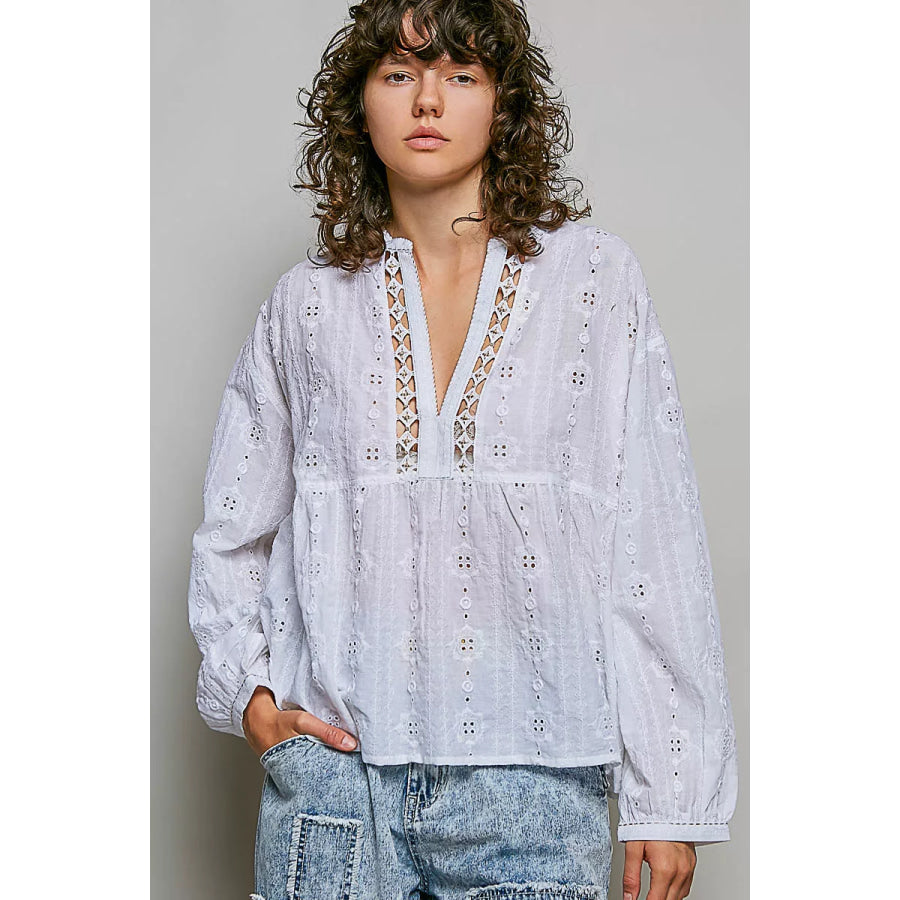 POL Lace Eyelet Long Sleeve Cotton Blouse OFF WHITE / S Apparel and Accessories