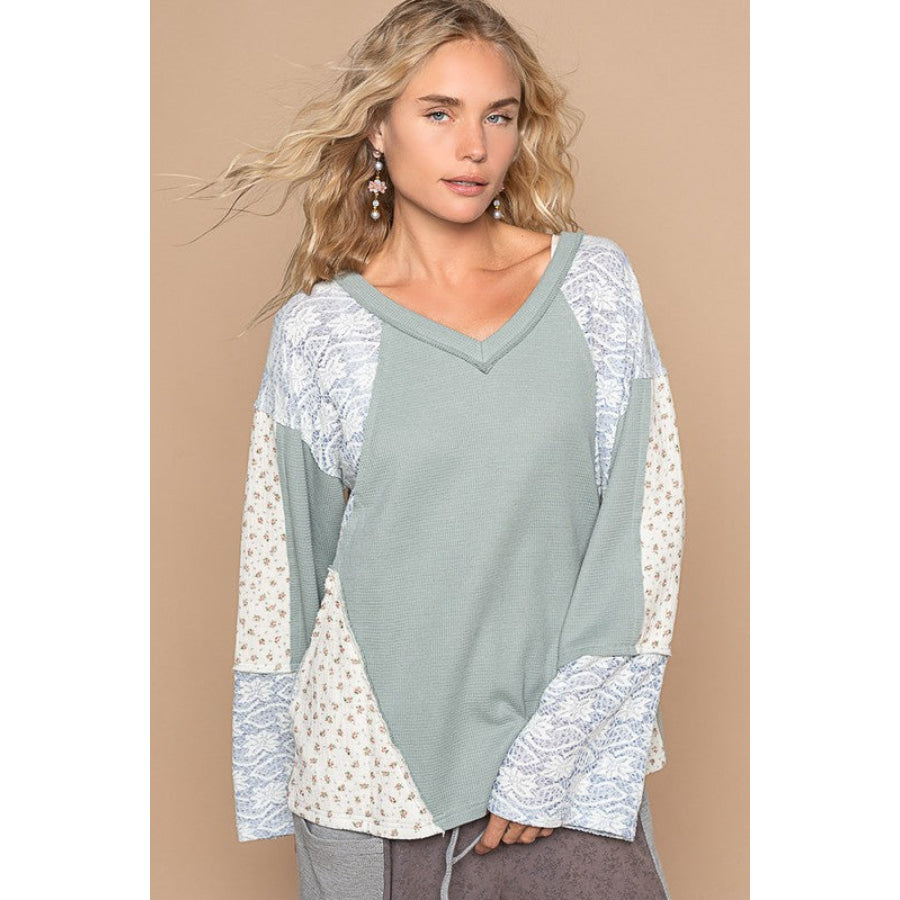 POL Lace Floral Round Neck Knit Top Air Force Blue / S Apparel and Accessories