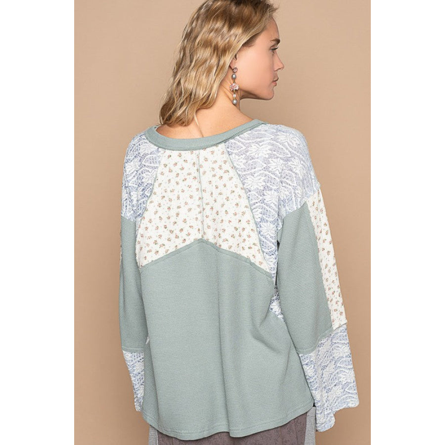 POL Lace Floral Round Neck Knit Top Air Force Blue / S Apparel and Accessories