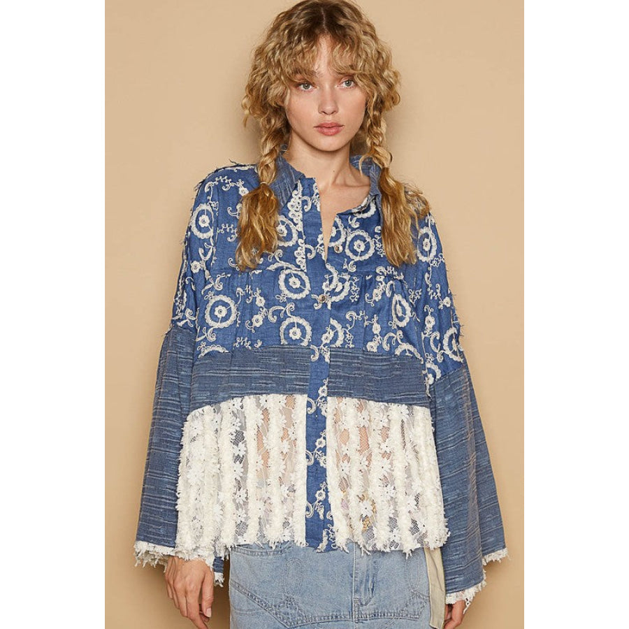 POL Lace Hem Embroidered Long Sleeve Shirt Peacock Blue / S Apparel and Accessories