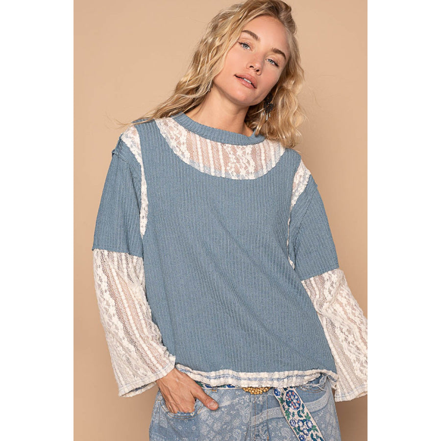 POL Lace Panel Round Neck Long Sleeve Top Cornflower Blue / S Apparel and Accessories