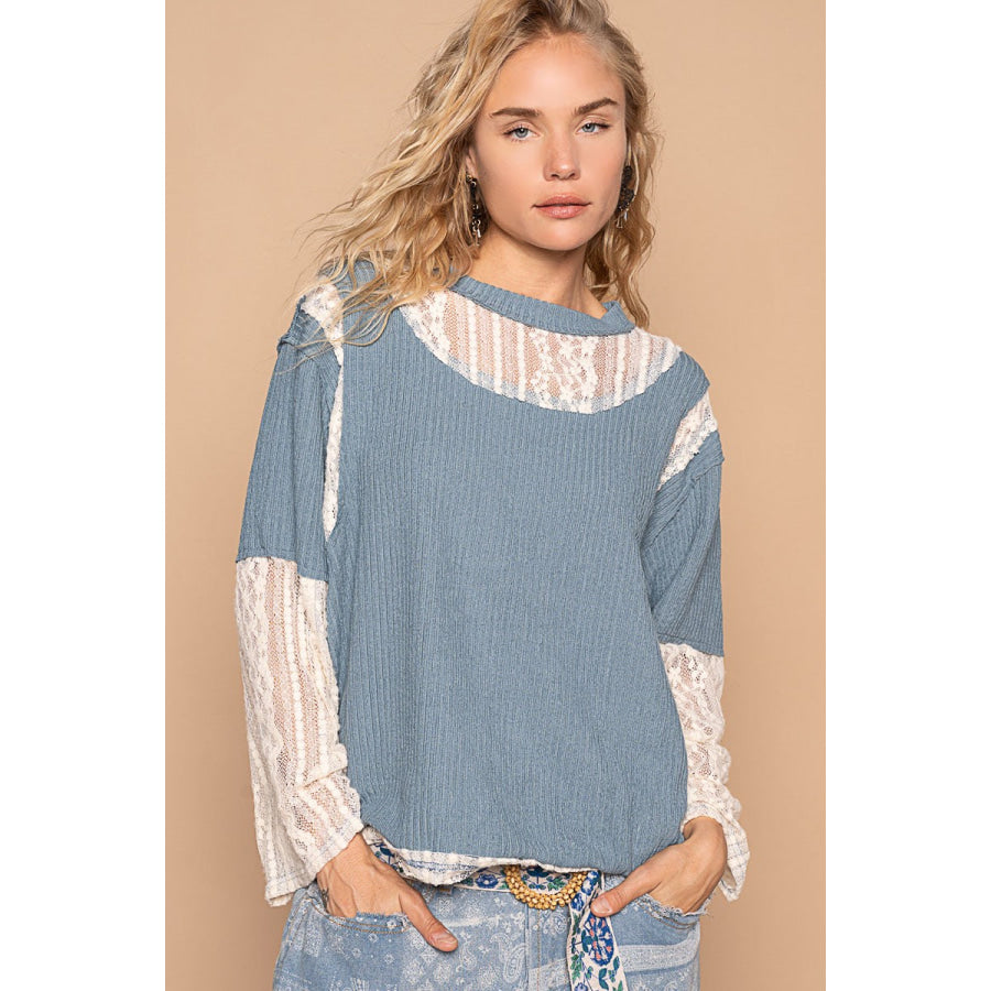 POL Lace Panel Round Neck Long Sleeve Top Cornflower Blue / S Apparel and Accessories