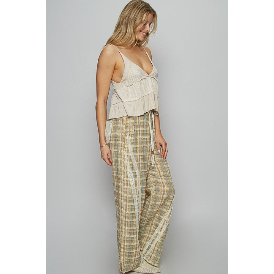 POL Lace Trim Drawstring Checkered Wide Leg Pants Apparel and Accessories