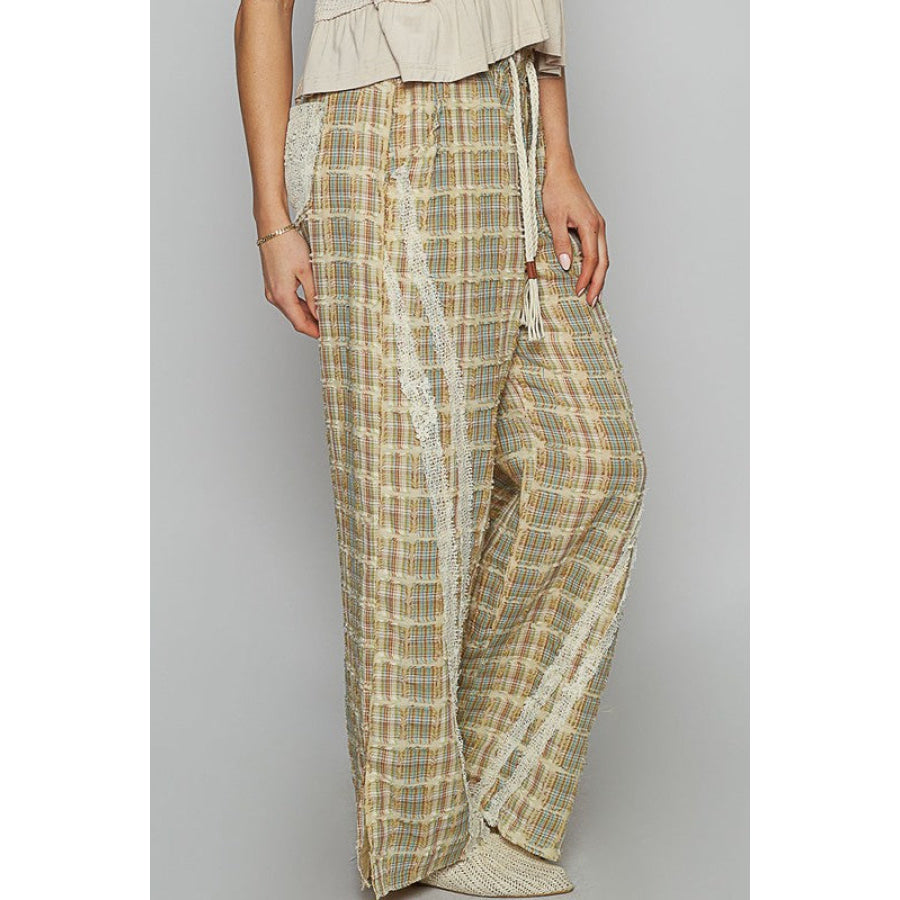 POL Lace Trim Drawstring Checkered Wide Leg Pants Apparel and Accessories