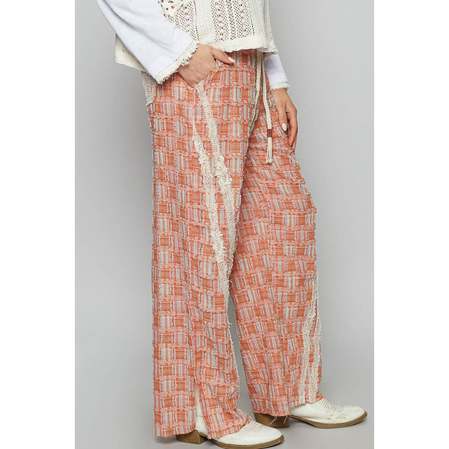 POL Lace Trim Drawstring Checkered Wide Leg Pants Apparel and Accessories