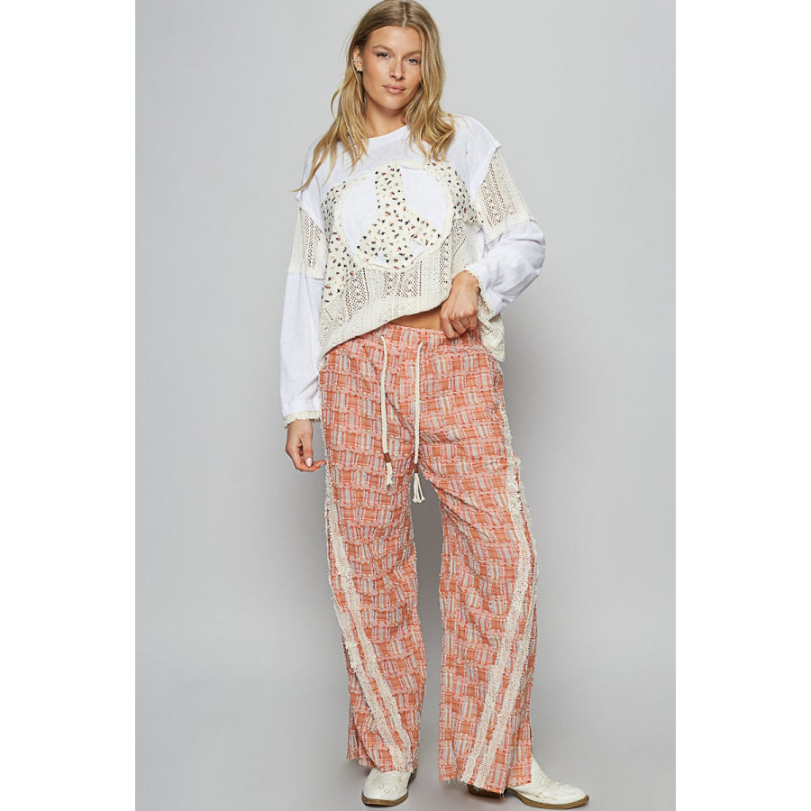 POL Lace Trim Drawstring Checkered Wide Leg Pants Apparel and Accessories