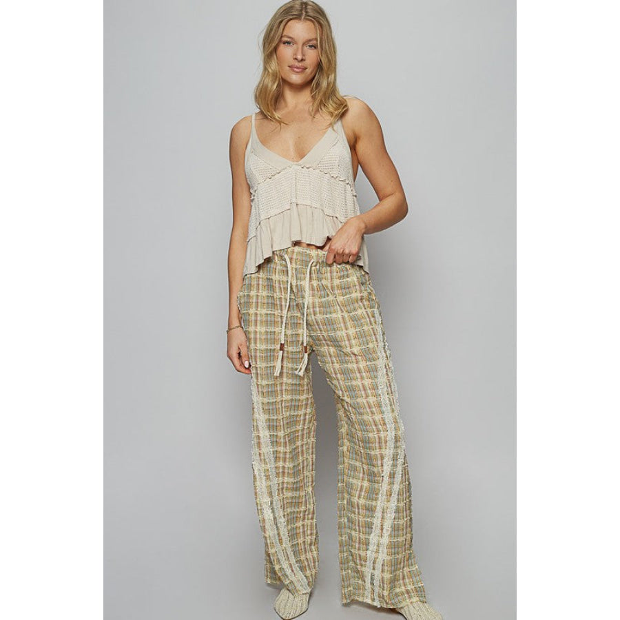 POL Lace Trim Drawstring Checkered Wide Leg Pants Apparel and Accessories