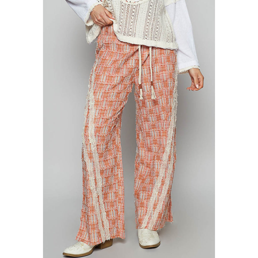 POL Lace Trim Drawstring Checkered Wide Leg Pants Orange / S Apparel and Accessories