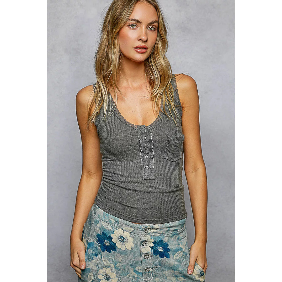 POL Lace Trim Tank with Front Button Closure CHARCOAL / S Apparel and Accessories