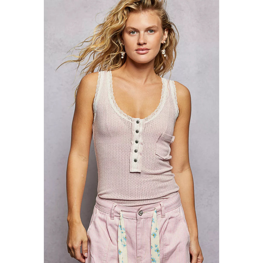 POL Lace Trim Tank with Front Button Closure BABY PINK / S Apparel and Accessories